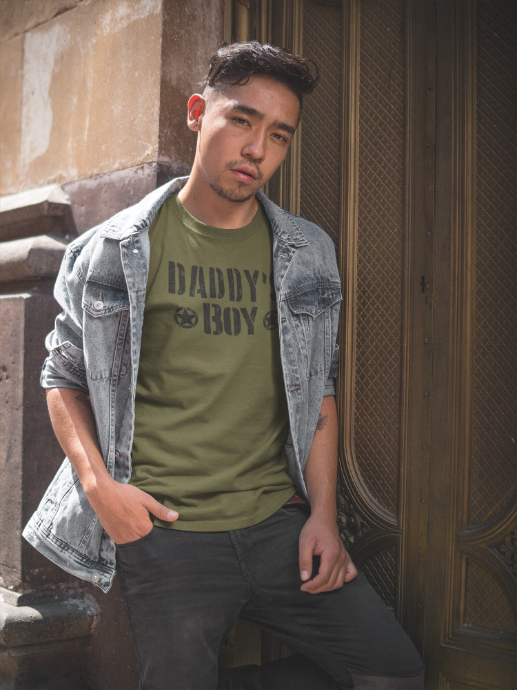 Young asian man wearing an Unapologaytic Daddy's Boy T-shirt