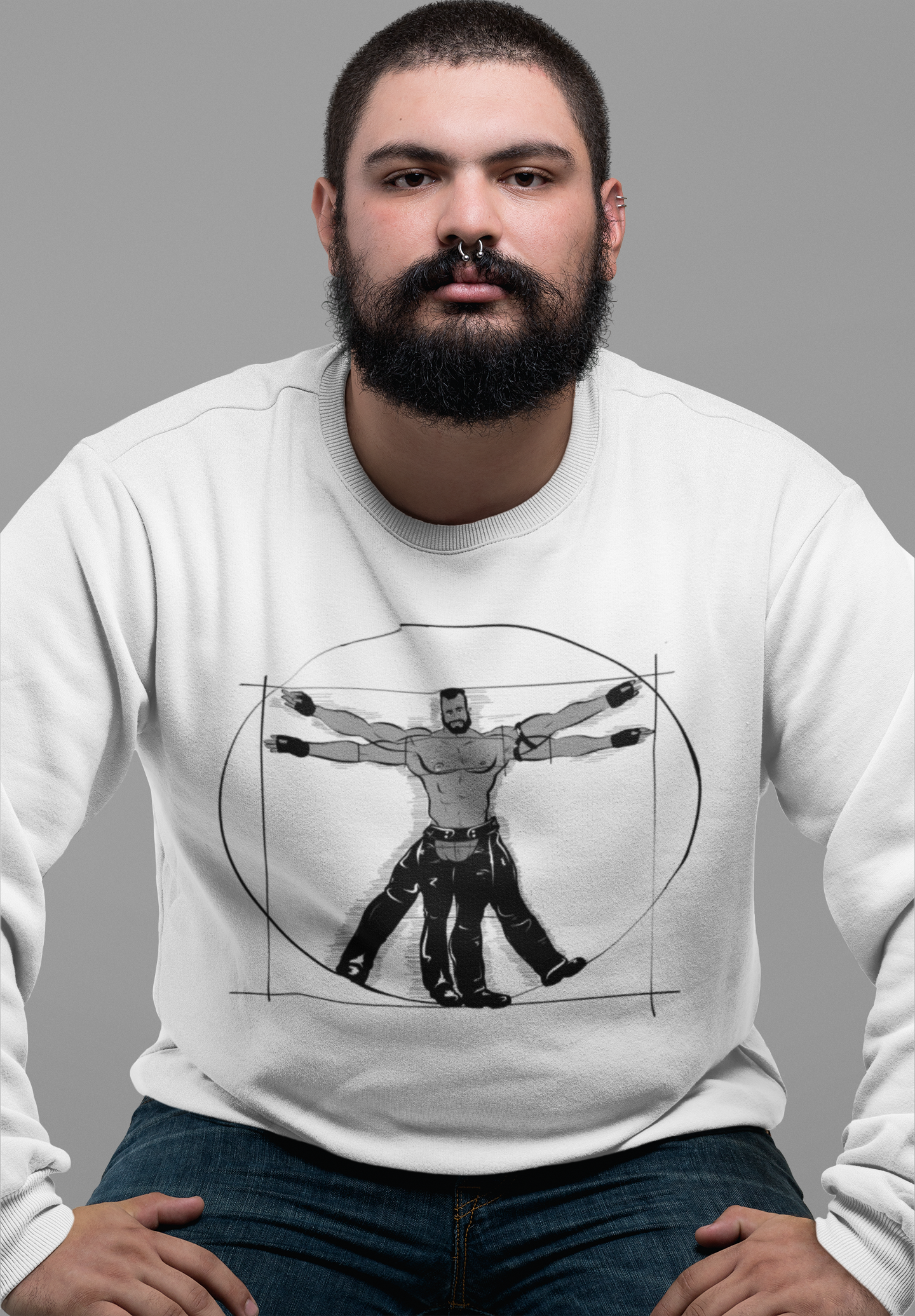 Plus size alternative bear model wearing a Gay Vitruvian Organic Sweatshirt