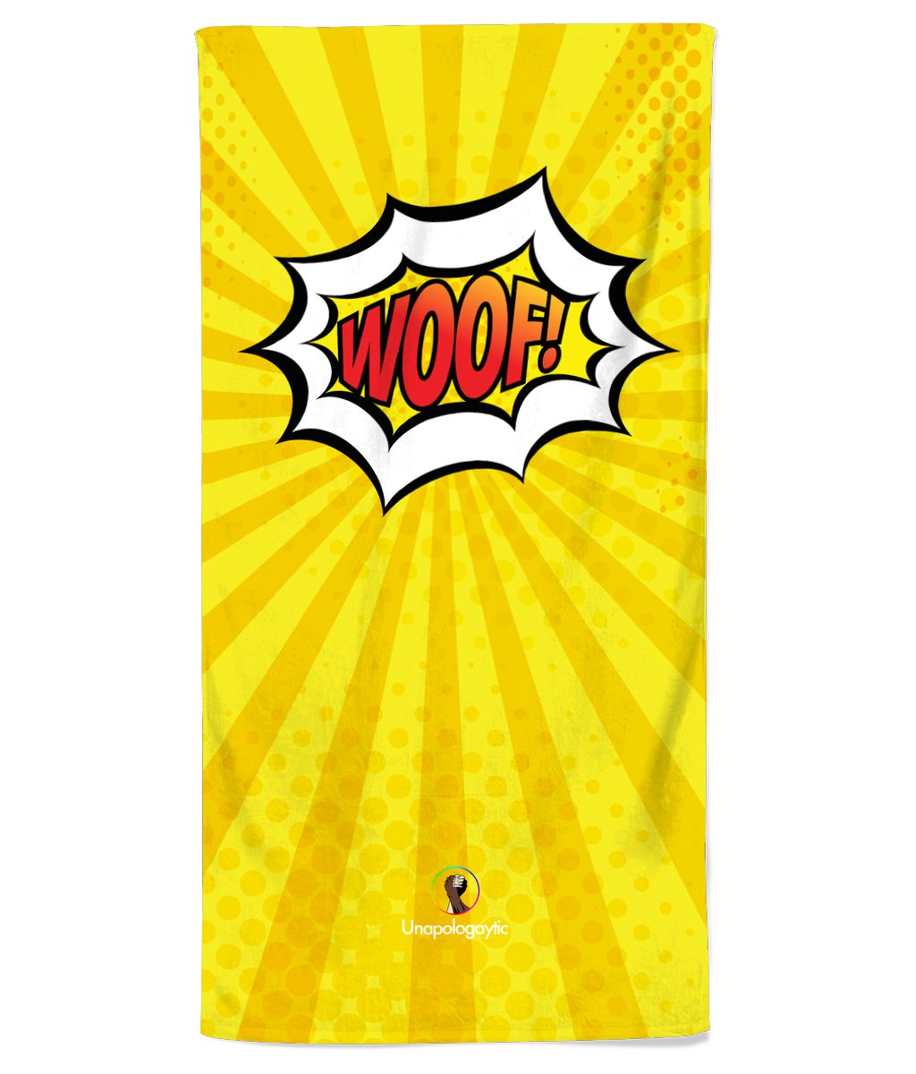 Yellow Pop Art Woof! Beach Towel
