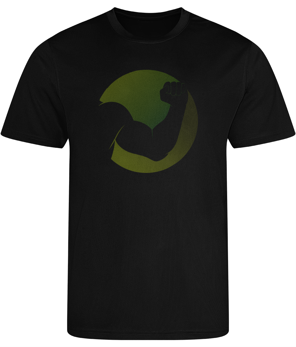 A navy blue t-shirt with a graphic print of a stylized person with a raised fist.