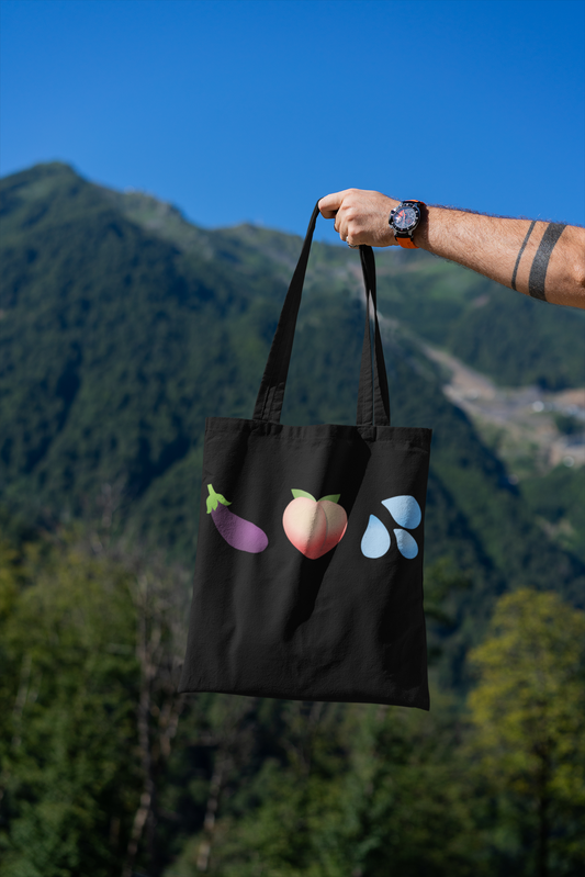 Gay man's Tote bag featuring 3 emojis: eggplant/aubergine, peach and 3 drops of water