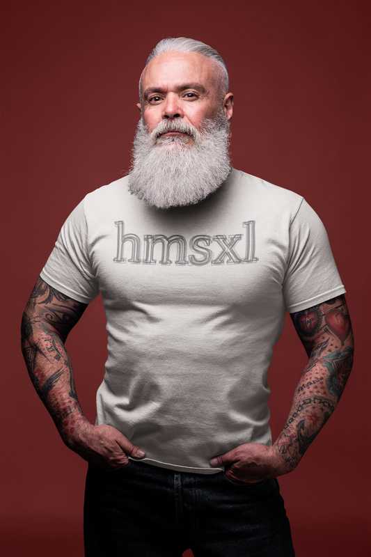Older man wearing a white hmsxl T-Shirt