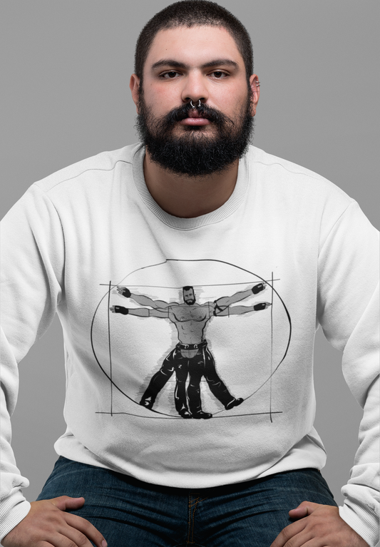 Plus size alternative bear model wearing a Gay Vitruvian Organic Sweatshirt 