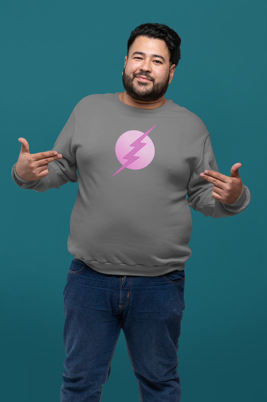 Plus size model wearing a Superhero Organic Sweatshirt. Made of 85% organic cotton blended with 15% recycled polyester. Printed with vegan inks