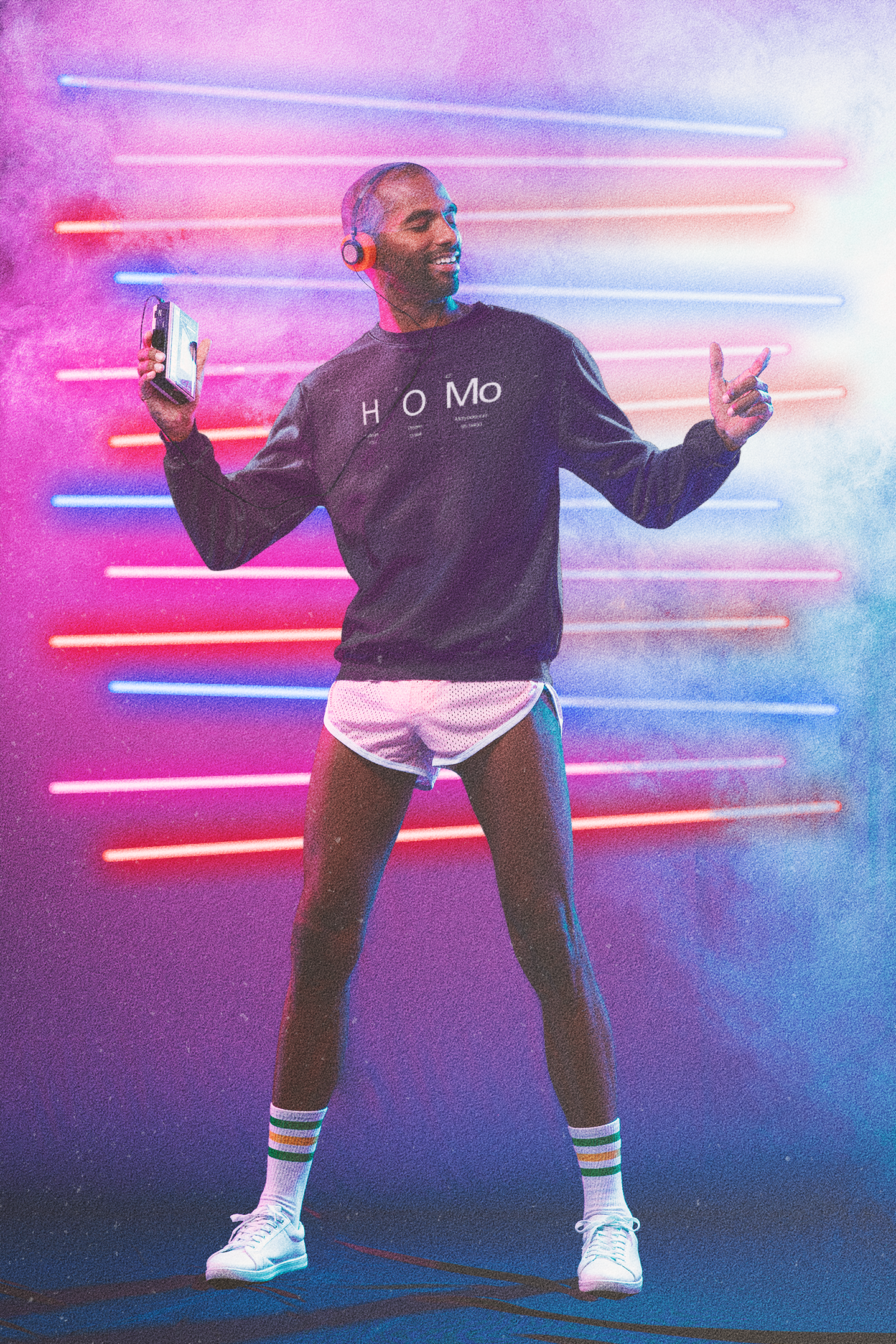 80s retro style image of a man working out listening to a walkman wearing an Unapologaytic HOMo Periodic table sweatshirt