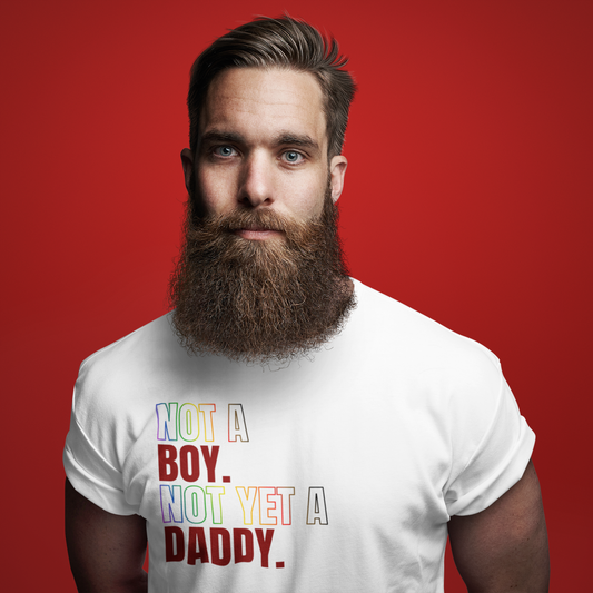 Bearded man wearing Not a Boy, Not Yet a Daddy gay T-shirt. Inspired by Britney Spears but with a twist. Free Delivery